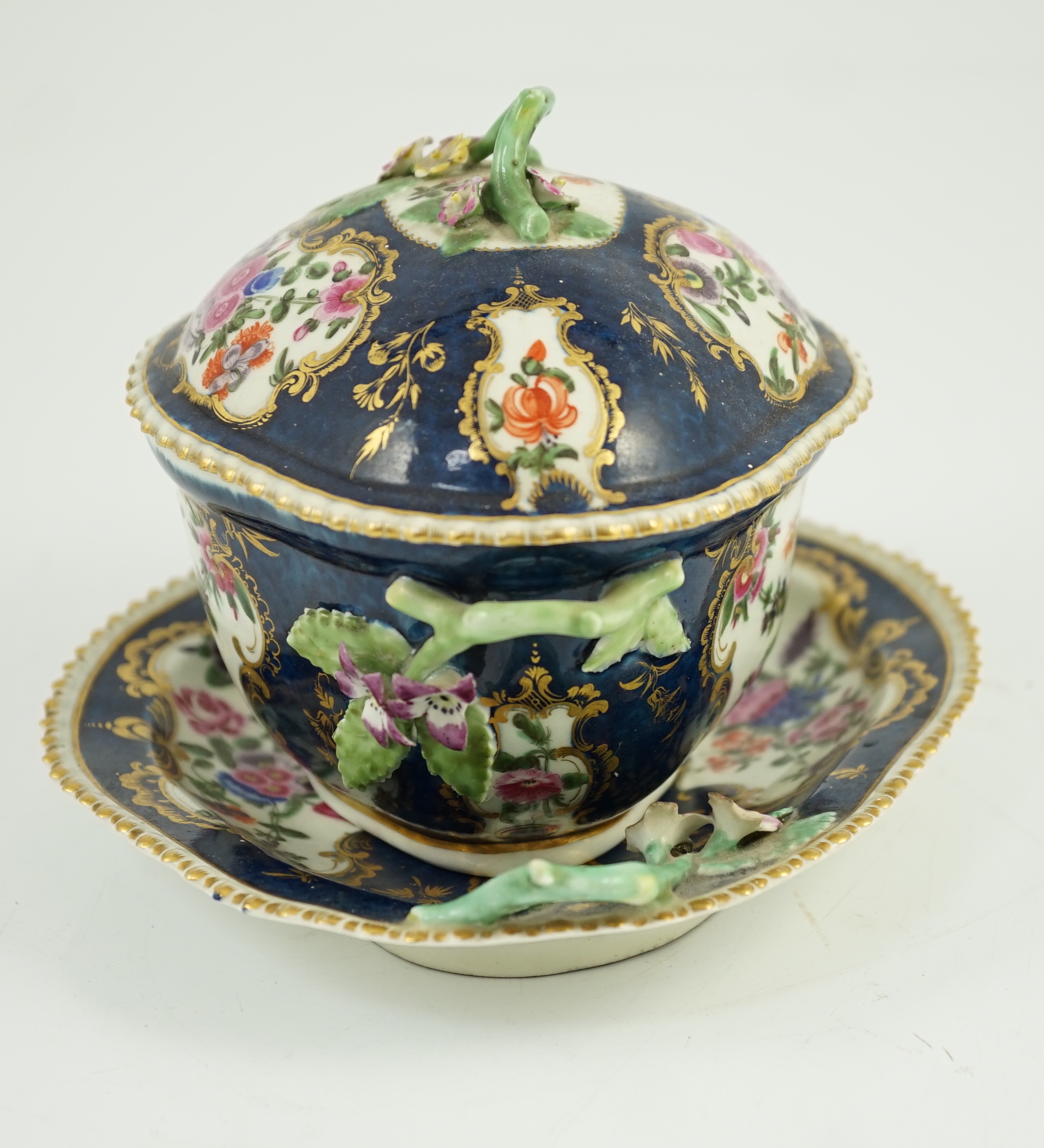 A Worcester scale blue small tureen, cover and stand c.1775